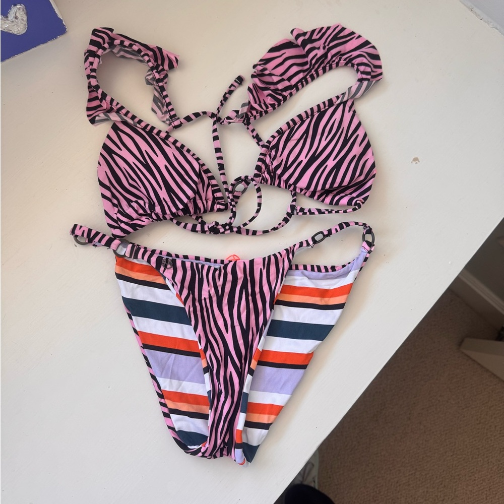 Maaji Pink Zebra Stripe Bikini with Multicolor Stripes
